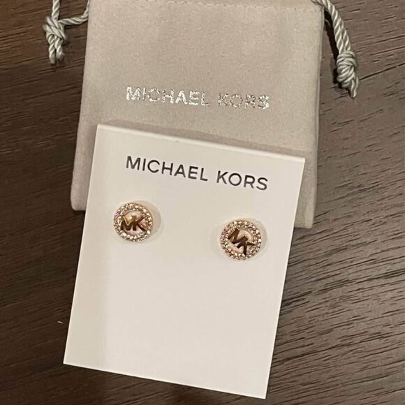 Michael Kors Stud Earrings MK Logo Crystal Pave Round Button - Picture 1 of 3